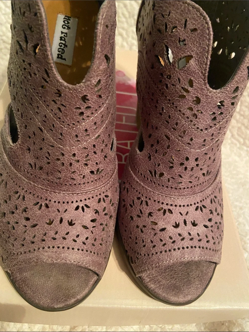 Not Rated Peep-Toe Laser-Cut Block Heel Booties in Brown/Grey - wore once